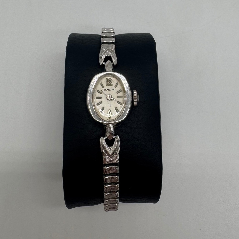 Hamilton Vintage Womens Cocktail Watch 10K RGP Bezel Silver Tone Oval Working